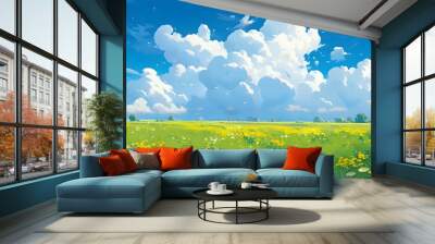 Summer fields, hills landscape, green grass, blue sky with clouds, Generative AI Wall mural