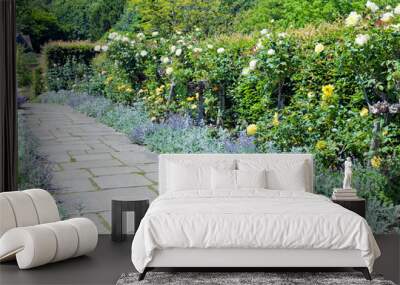 Colourful secluded garden in bloom, with white and yellow roses, purple catnip growing around a stone path Wall mural