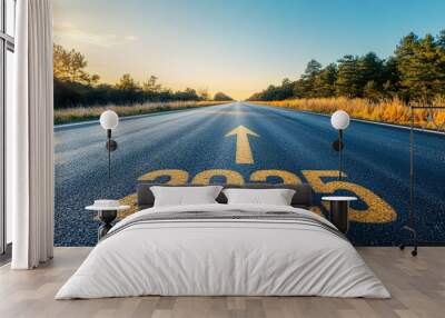  A long, empty asphalt road leads into the distance, with the yellow numbers 