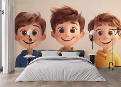 3D cartoon, happy smiling children's faces of three boys with brown hair and blue eyes in yellow T-shirts on a white background Wall mural