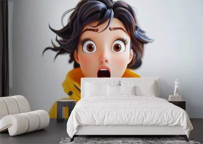 3D cartoon of an animated woman wearing a yellow hoodie, with a surprised expression  Wall mural