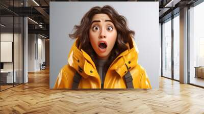 
3D cartoon of an animated woman wearing a yellow hoodie, with a surprised expression  Wall mural