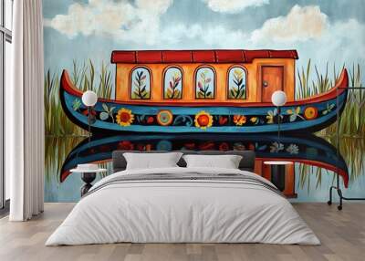 A classic tole painting depicting a canal boat or narrowboat featuring textured elements. Wall mural