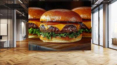 A close-up of three juicy burgers on wooden platters Wall mural