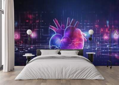 A digital heart with holographic graphs and charts overlaying it, representing the data collection process for AI-based patient care. 
 Wall mural