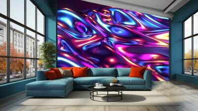 A dynamic and colorful background featuring abstract fluid, iridescent, and holographic neon curved waves in motion, rendered in 3D. This gradient design element is suitable for use in backgrounds, ba Wall mural