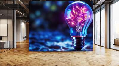 A light bulb with circuit board patterns glowing in blue and purple, symbolizing artificial intelligence against dark background.  Wall mural