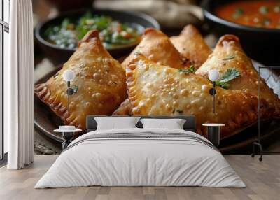 A photo of samosa, Indian food with a side dish on the table. 
 Wall mural