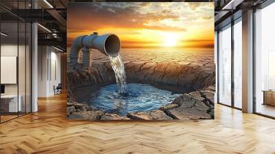 A water pipe with water flowing out of it stands in the middle of dry
 Wall mural