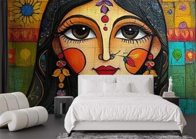 Vibrant Indian Madhubani artwork depicting a woman wearing a sari against a textured backdrop. Wall mural