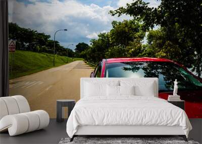 SINGAPORE - 25 DEC 2019 - Shiny red car parked beside a motorway next to a nature park / nature reserve on a sunny day. To illustrate spending time outdoors / road trip concept Wall mural