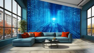 Digital cyberspace city with particles and digital data network connections concept.The smart city of Futuristic technology internet and big data. Wall mural