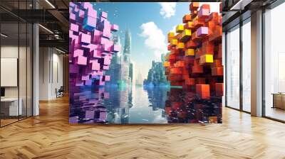 Digital colorful shiny blocks city abstract art design graphic poster web page PPT background Wall mural