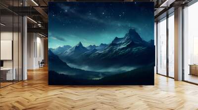 digital cyan blue night mountains and stars design graphics poster background Wall mural