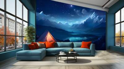 digital cyan blue night mountains and stars design graphics poster background Wall mural