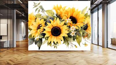 Digital vintage watercolor sunflower floral bouquet abstract graphic poster web page PPT background Wall mural