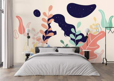 Portrait of a woman and tree backgroun the night, brighter stars. Vector illustration in flat cartoon style. The head of a girl. Minimalist.  Wall mural