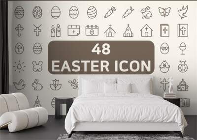 Set of 48 easter and christianity Icons line style. Contains such Icons as eggs, religion, bunny, gifts, spring, rabbit, celebration, decoration, church And Other Elements. Wall mural