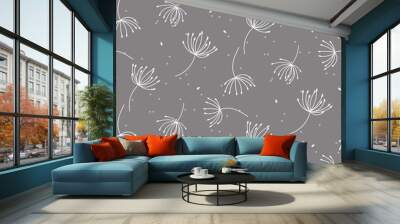 Seamless pattern texture with outline dandelions on gray background. Wall mural