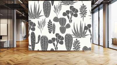 Succulents cacti plant vector seamless pattern. Botanical black and white desert flora fabric print. Home garden cartoon cactuses for wallpaper, curtain, tablecloth. Wall mural