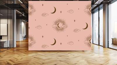 Sun, clouds and moon decorative boho style element design vector. Seamless pattern wallpaper. Wall mural