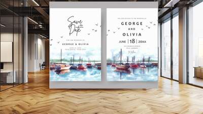 Wedding invitation of nature landscape with harbor and boat watercolor Wall mural