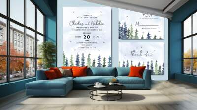 Wedding invitation set of pine trees watercolor Wall mural