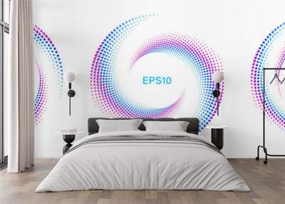 Set of Colorful Spiral Dotted Graphic Elements on White Background. Geometric Vector Frames. Wall mural