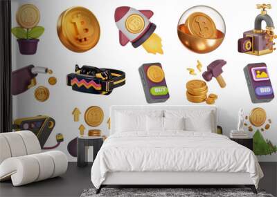 3d business technology crypto metaverse icon set. Trendy illustrations of Digital Business, bitcoin, cryptocurrency, Virtual Reality, Startup, VR, trading, Stock Market, Finance Wall mural