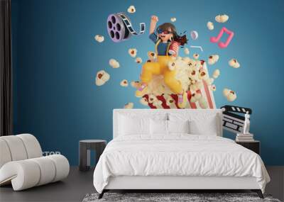 vector eps woman wearing 3d glasses watching a movie in theater and her popcorn scattered Wall mural