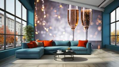 Two champagne glasses with golden bubbles in a romantic atmosphere with soft candlelight Wall mural