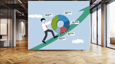 Employee performance development, more professionalism in data analysis, effort for better work result concept, Businessman pushing report pie chart up on rising graph. Wall mural