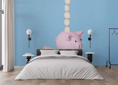 Hand holding piggy bank to receive coins, money savings with income management concept, 3d render illustration. Wall mural