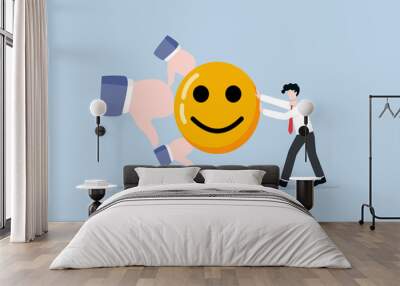 Handling with negative feedback, review, or comment, having positive attitude or optimism for customer contact, emotional intelligence concept. Businessman pushing smiley face to cope thumb down signs Wall mural