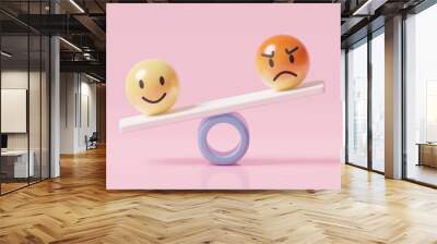 Happy face on weighting scales that is heavier than angry face, emotional intelligence, overcoming negative emotion concept, 3d render illustration. Wall mural