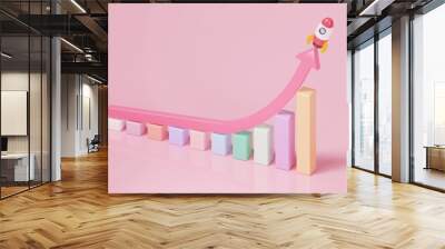 Rocket flying along exponential bar graph trend, Rapid business growth after changing strategy or transformation concept, 3d render illustration. Wall mural