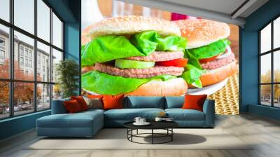 Two homemade grilled hamburger wooden mat Wall mural