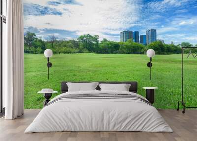 Green grass field in park at city center with blue sky and sun reflection Wall mural