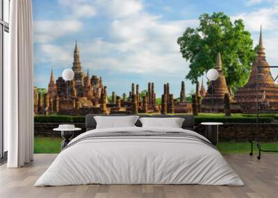 Panoramic of Wat Mahathat Temple in the precinct of Sukhothai Historical Park, Thailand. Wall mural