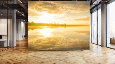 panoramic view of sunrise over the lake in nation park, beautiful rainforest landscape with fog in m Wall mural