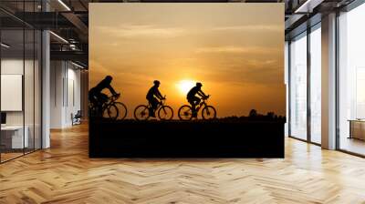 Silhouette of cycling on sunset background Wall mural