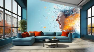 A woman shouting in frustration surrounded by a chaotic background depicting intense anger and anxiety Wall mural