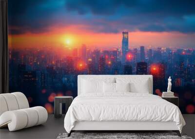 Blurred cityscape background with bright bokeh, capturing the energy and lights of an urban night Wall mural