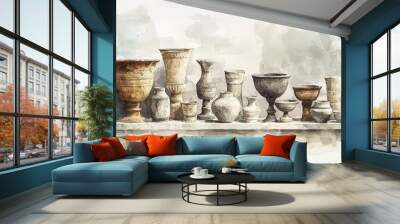 A collection of ancient pottery showcased in a watercolor style, highlighting intricate designs and historical significance. Wall mural