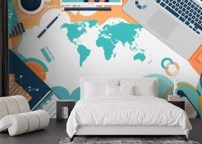 A colorful flat lay workspace featuring a world map, laptop, and various stationery items, ideal for global business concepts. Wall mural