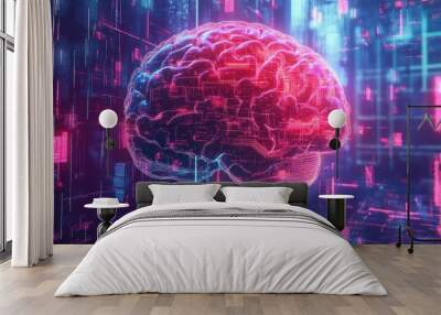 A glowing brain in a digital network, representing artificial intelligence, technology, and the future. Wall mural