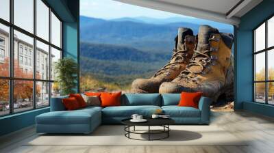 A pair of worn hiking boots resting on a dusty trail, surrounded by beautiful mountainous scenery under a clear blue sky. Wall mural