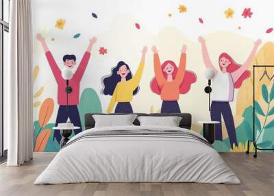 Four happy people with arms raised, surrounded by colorful foliage and falling leaves. Wall mural