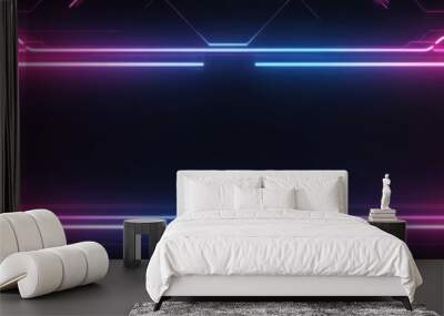 Futuristic neon frame with vibrant pink and blue lights, perfect for tech, gaming, or digital art backgrounds. Wall mural