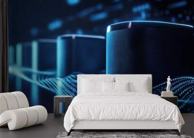 Modern speakers with glowing sound waves, representing advanced technology and audio innovation in a digital environment. Wall mural